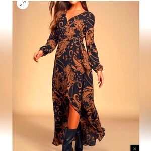 Lulus Black and Gold maxi dress with front split